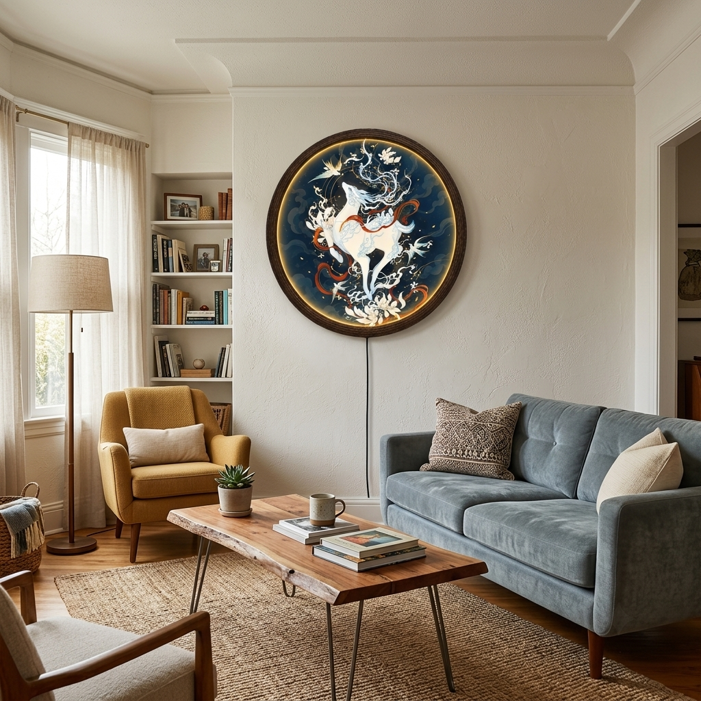 Luminous Mystical White Stag LED Wall Art – Illuminated Round Deer