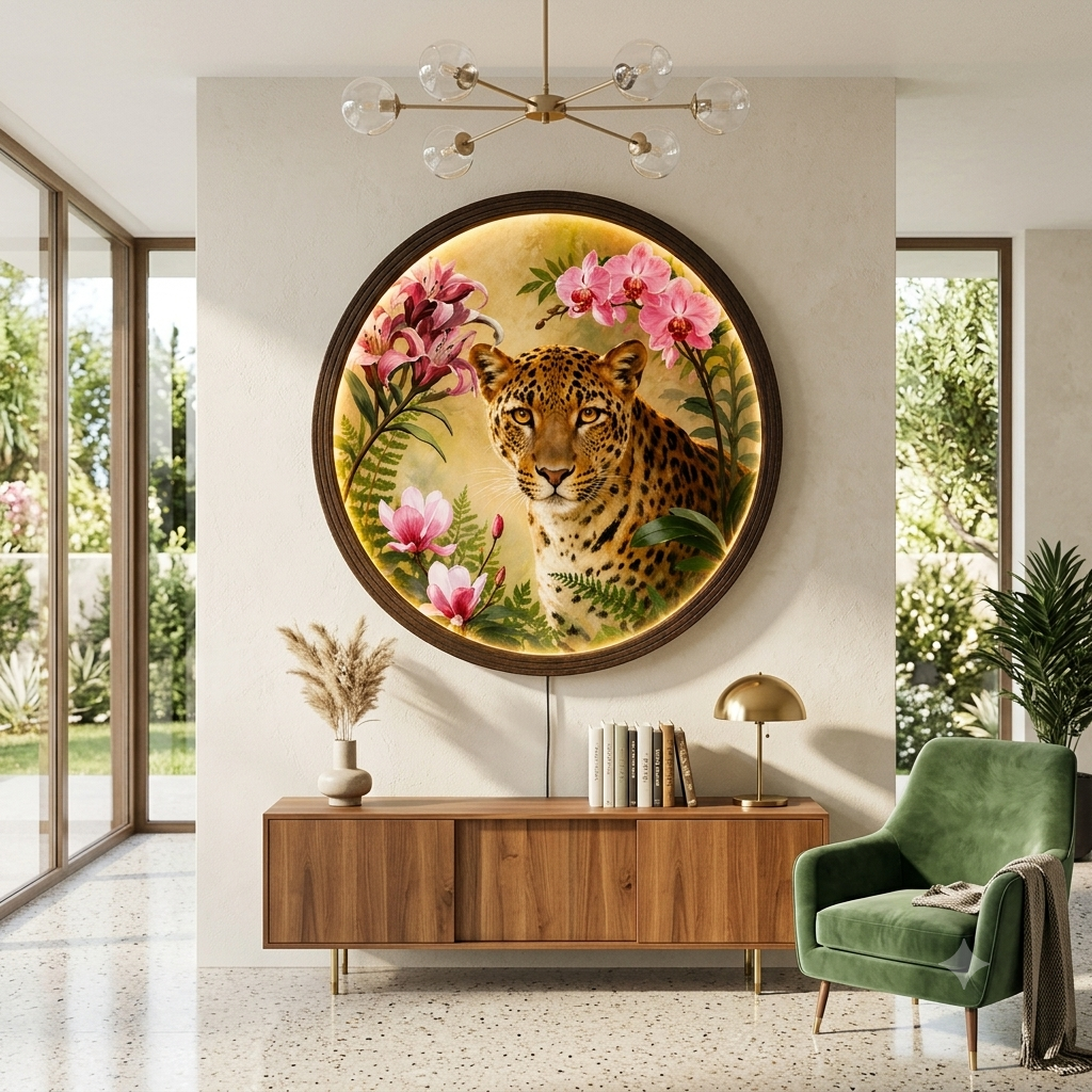 Illuminated Leopard & Floral Round Wooden Wall Art – LED Backlit Decor