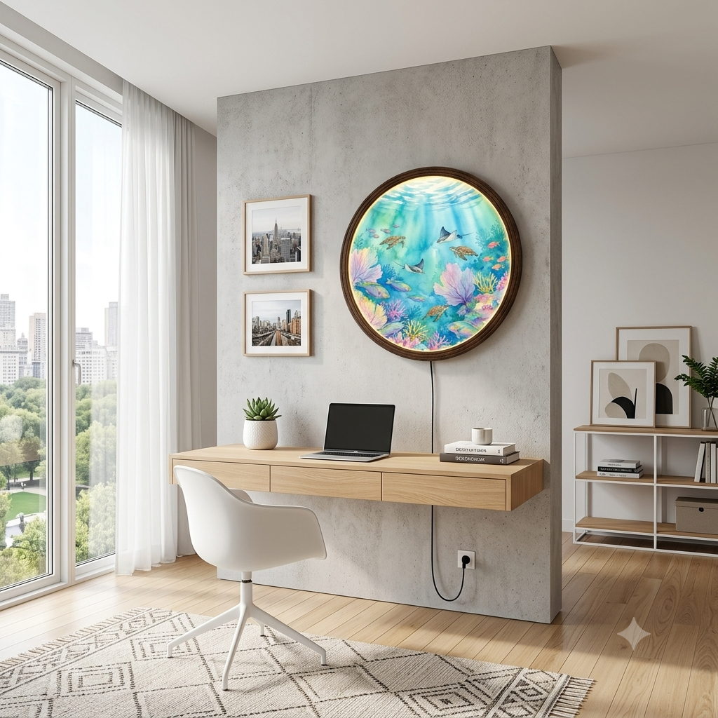 Ocean Reef LED Wall Art – Round Underwater Coral & Sea Turtle Wall Decor
