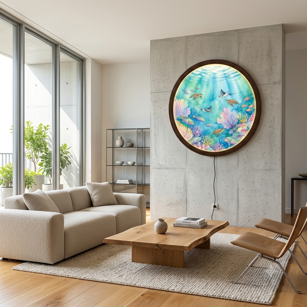 Ocean Reef LED Wall Art – Round Underwater Coral & Sea Turtle Wall Decor