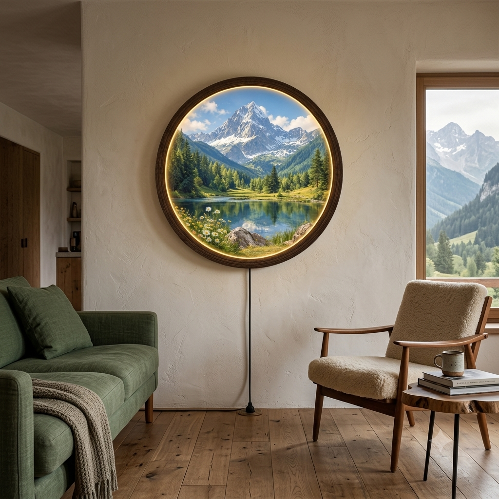Mountain Lake LED Wall Art – Round Wooden Frame | Illuminated Nature Wall Decor