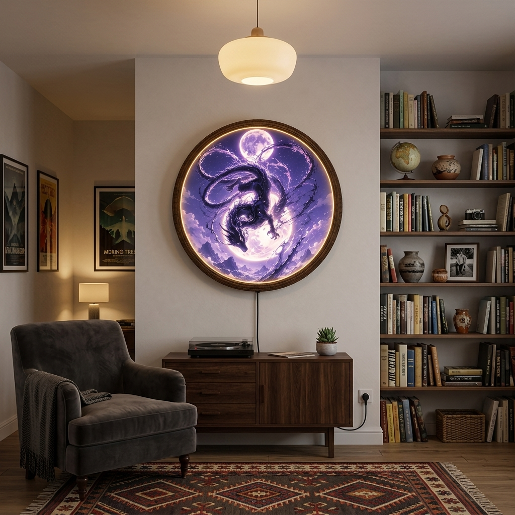 Purple Dragon LED Wall Art – Round Moon Fantasy Light Decor
