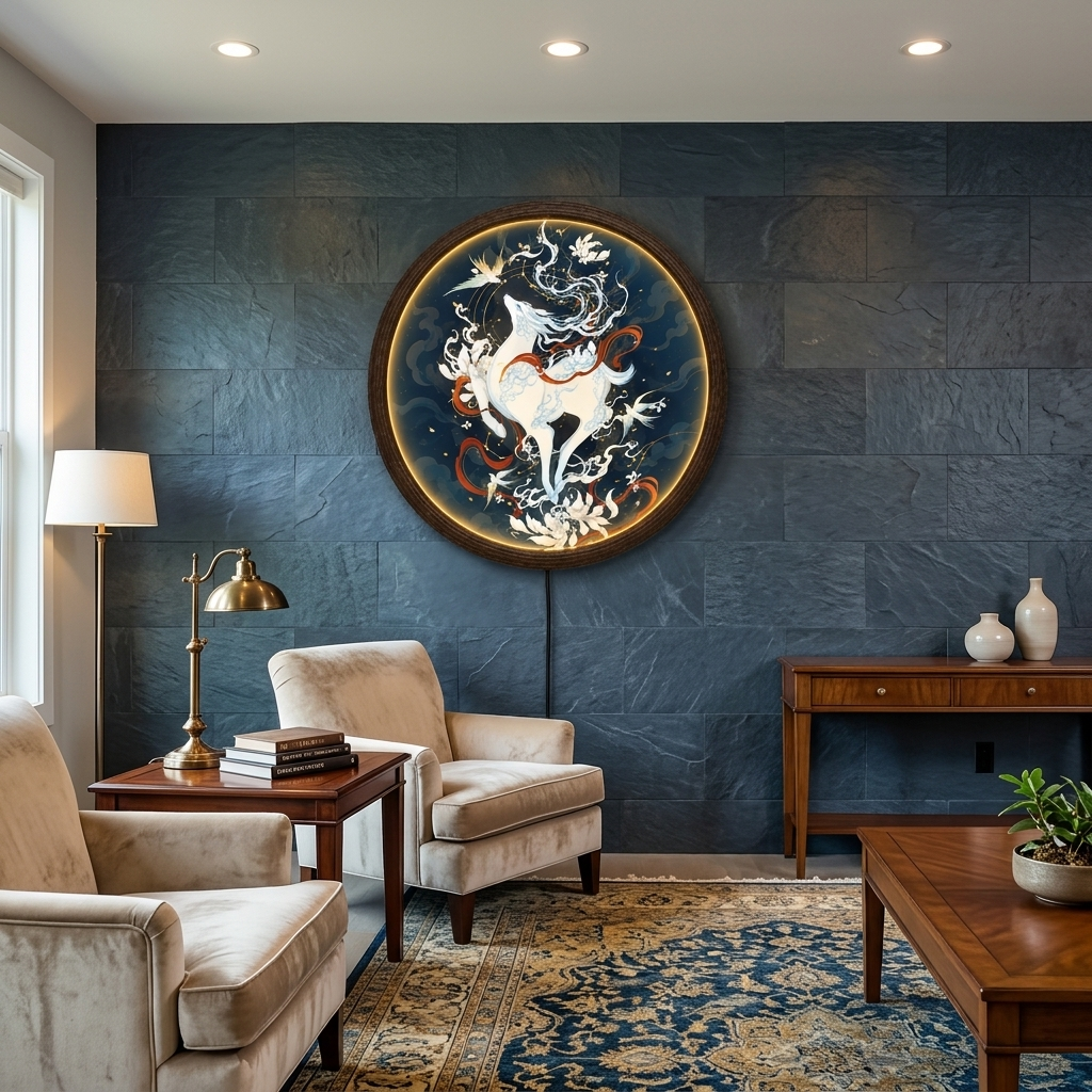 Luminous Mystical White Stag LED Wall Art – Illuminated Round Deer