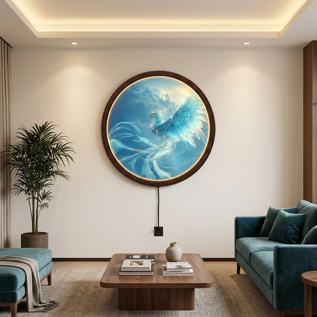 Blue Phoenix LED Wall Light, Round Wooden Frame Wall Lamp, Modern Fantasy Home Decor