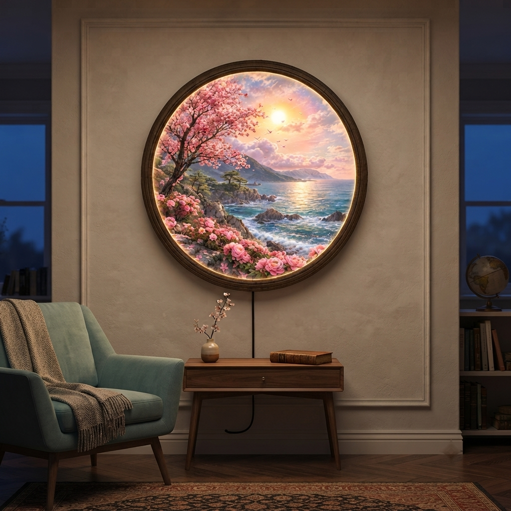 Japanese Cherry Blossom LED Wall Art – Round Illuminated Coastal Landscape Decor