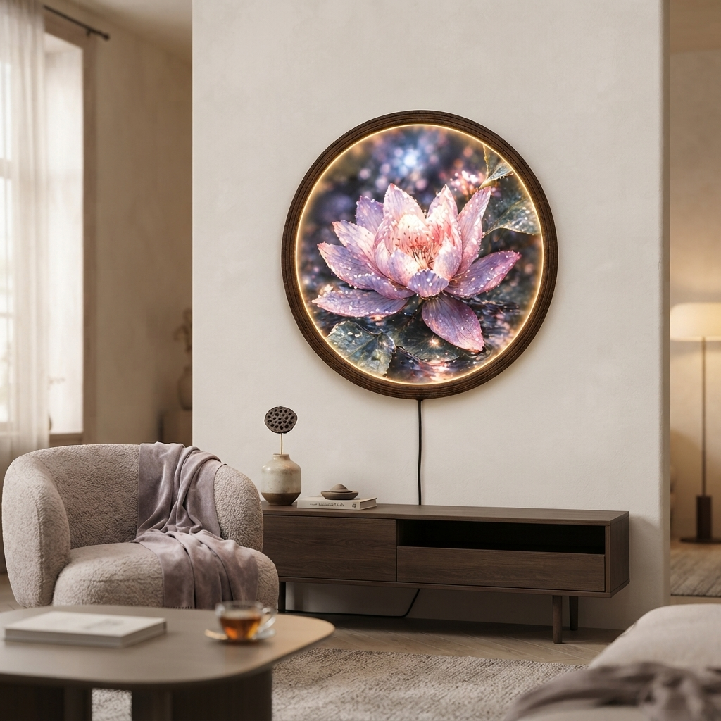 Lotus Flower LED Round Wall Art – Illuminated Floral Wall Decor