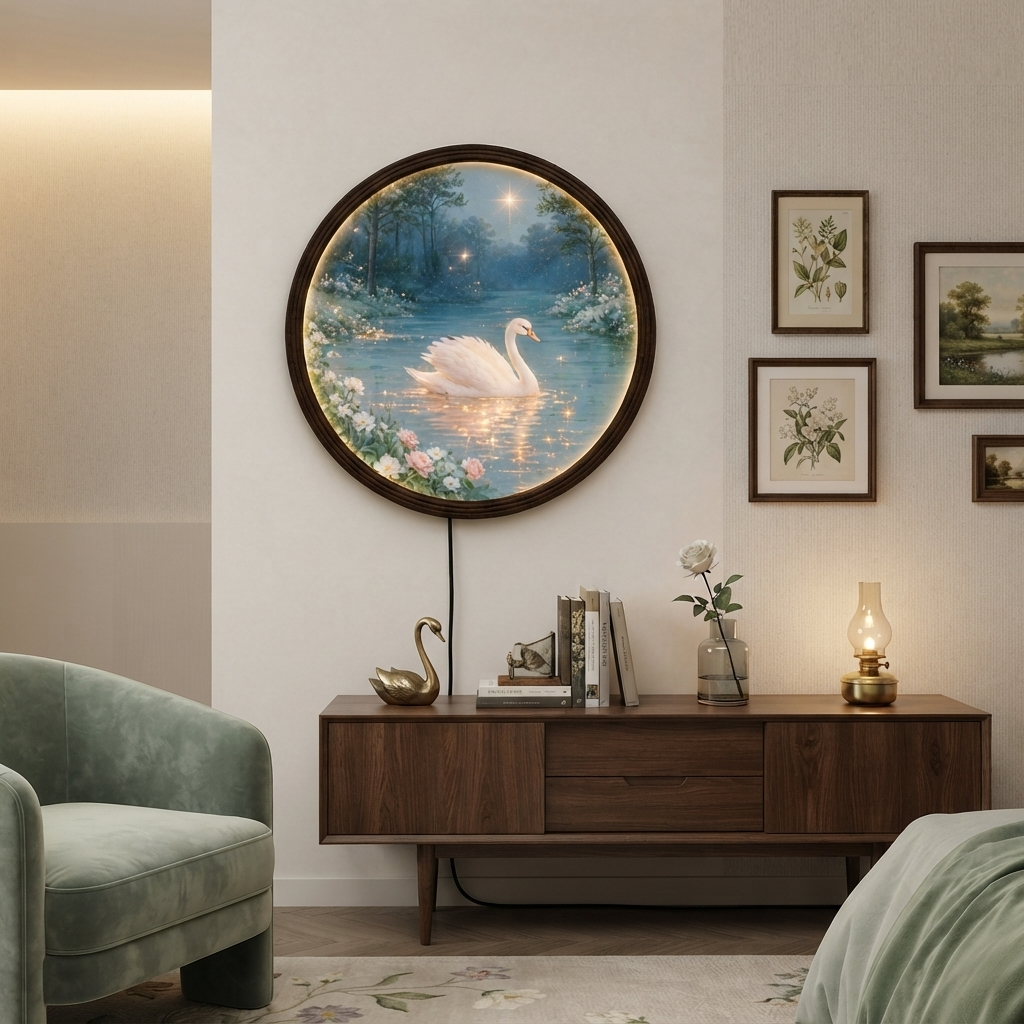 Swan Lake Illuminated Round Wall Art – LED Lighted Wall Decor