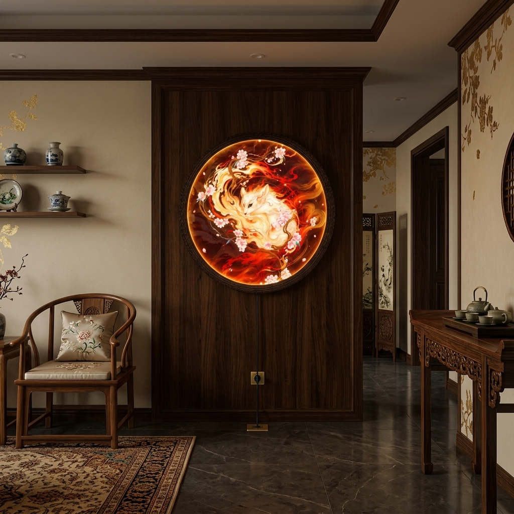 Glowing Nine-Tailed Fox LED Wall Art Light – Japanese Kitsune & Cherry Blossom Illuminated Round Frame