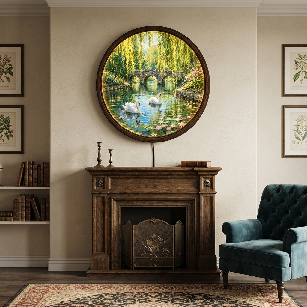 Swan Garden LED Wall Art – Round Illuminated Water Scene Wall Decor