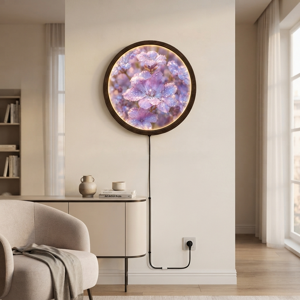 Lavender Dew Floral LED Wall Art – Round Illuminated Flower Wall Decor