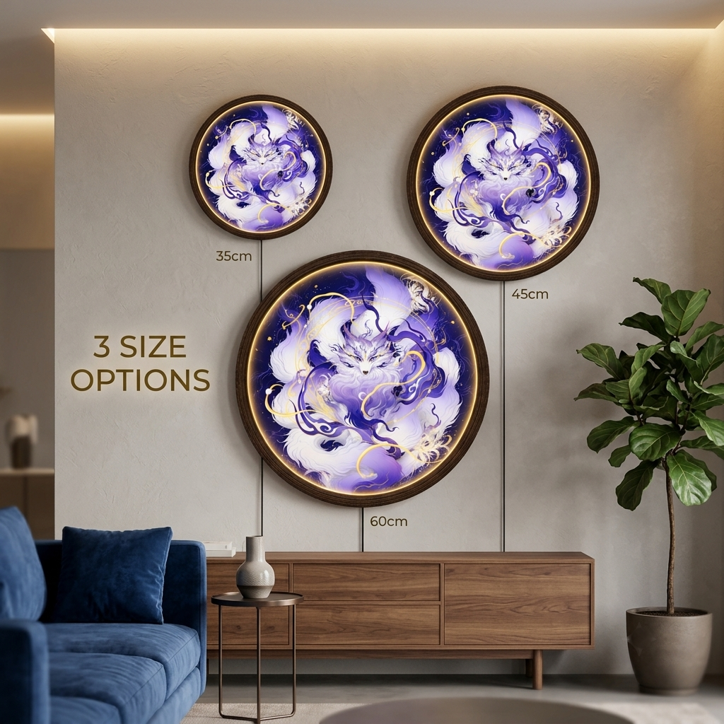 Japanese Nine-Tailed Kitsune Fox LED Wall Art Light – Glowing Mystical Round Wall Decor