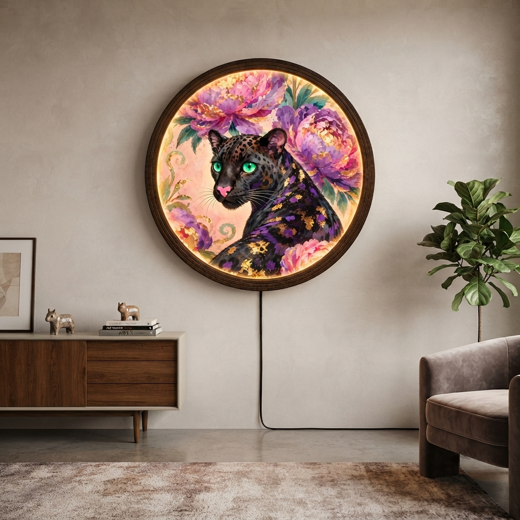 Glowing Golden Leopard LED Wall Art – Round Floral Animal Wall Lamp, Modern Home Decor