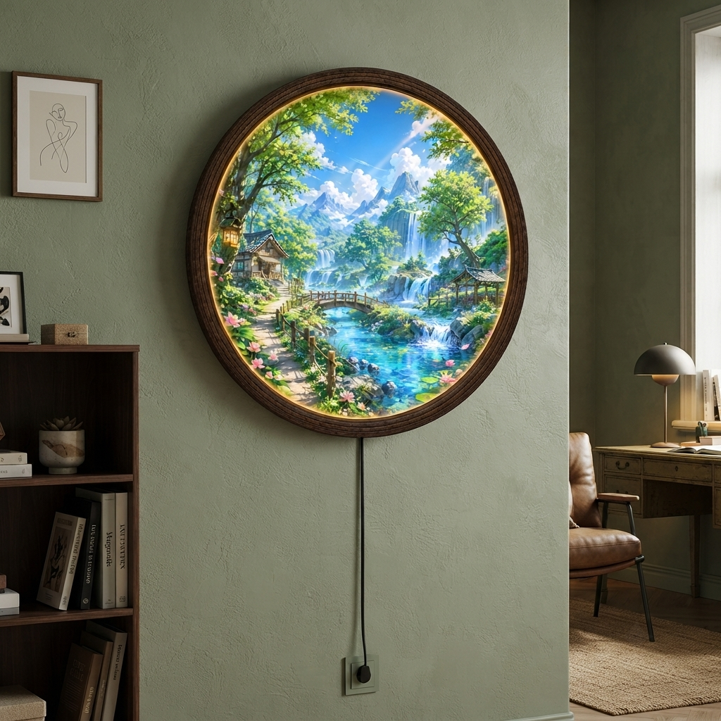 Waterfall Mountain Landscape LED Wall Art – Round Illuminated Nature Wall Decor