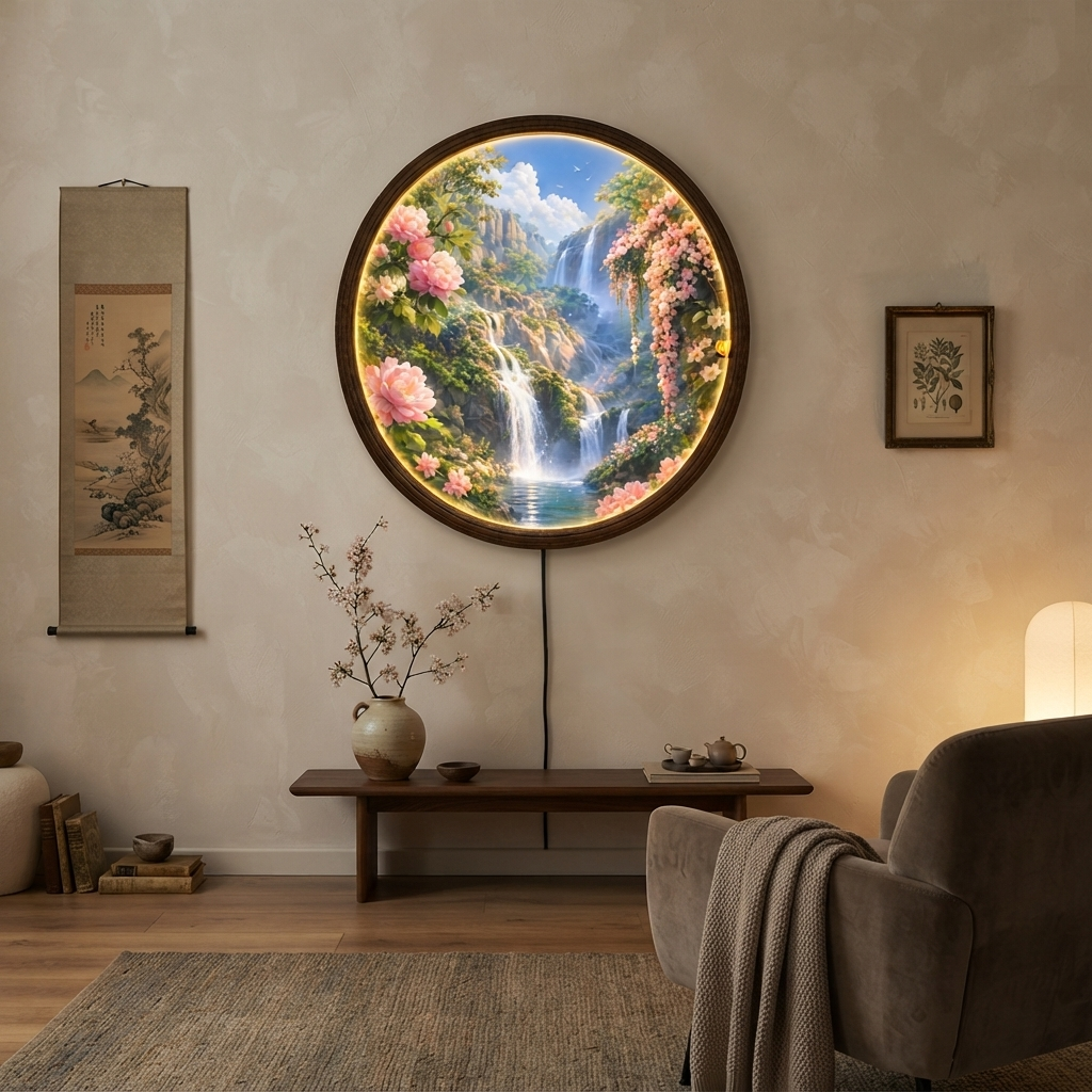 Floral Waterfall LED Wall Art Lamp – Round Illuminated Home Decor