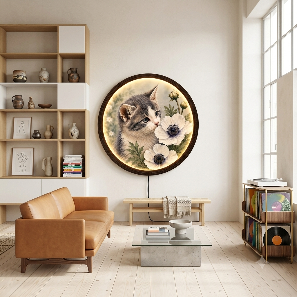 Floral Cat LED Wall Art – Whimsical Kitten & Anemone Lighted Round Wall Decor