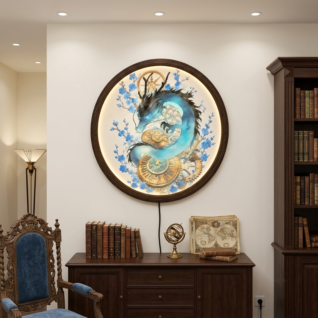 Blue Dragon LED Wall Light, Steampunk Gear Round Wall Art, Japanese Cherry Blossom Wall Decor, Modern Fantasy Home Lighting