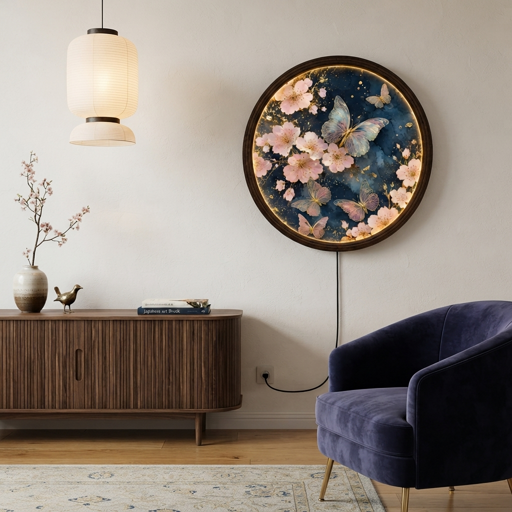 Round Butterfly & Cherry Blossom LED Wall Art – Illuminated Floral Wall Decor