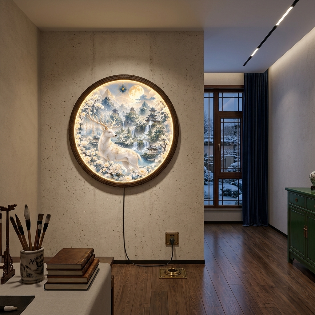 Enchanted White Deer LED Wall Lamp, Round Fantasy Landscape Light, Chinese Pagoda & Moon Home Decor