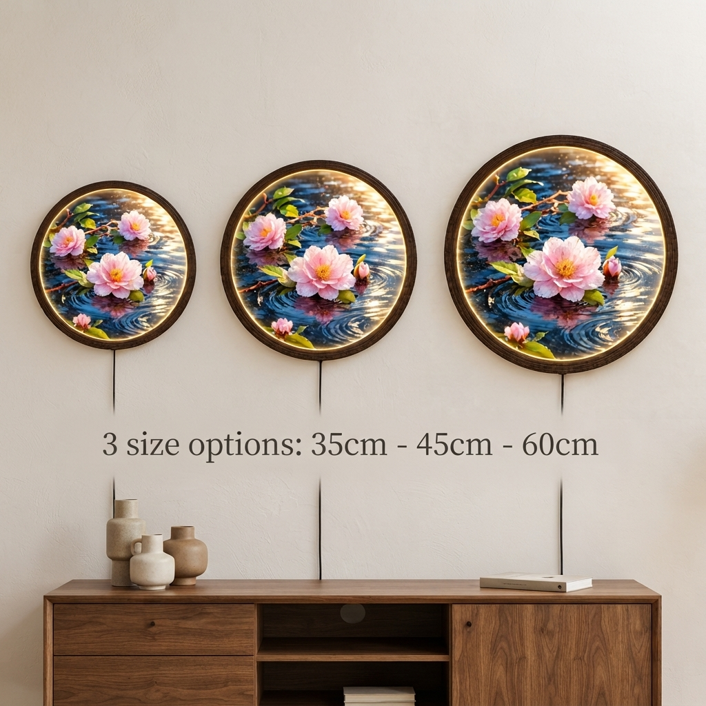 Illuminated Lotus Pond Wall Art – Round LED Wall Decor with Wooden Frame