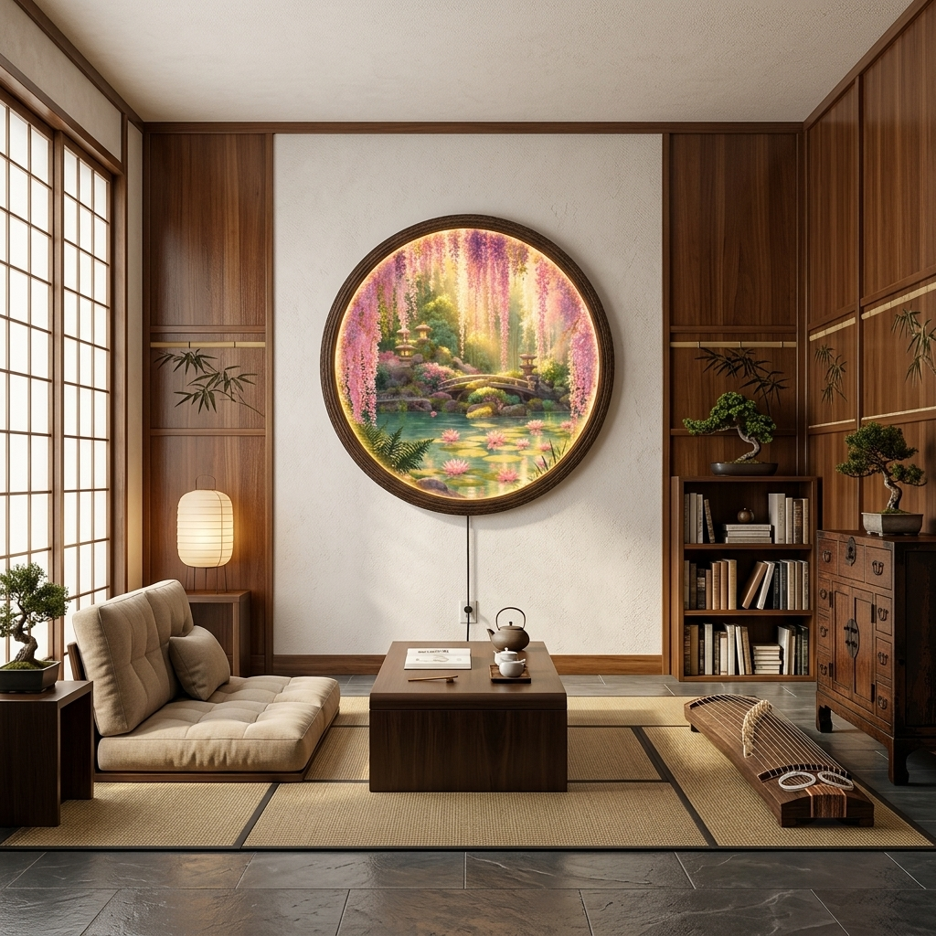 Japanese Garden LED Wall Art – Round Illuminated Floral Wall Decor