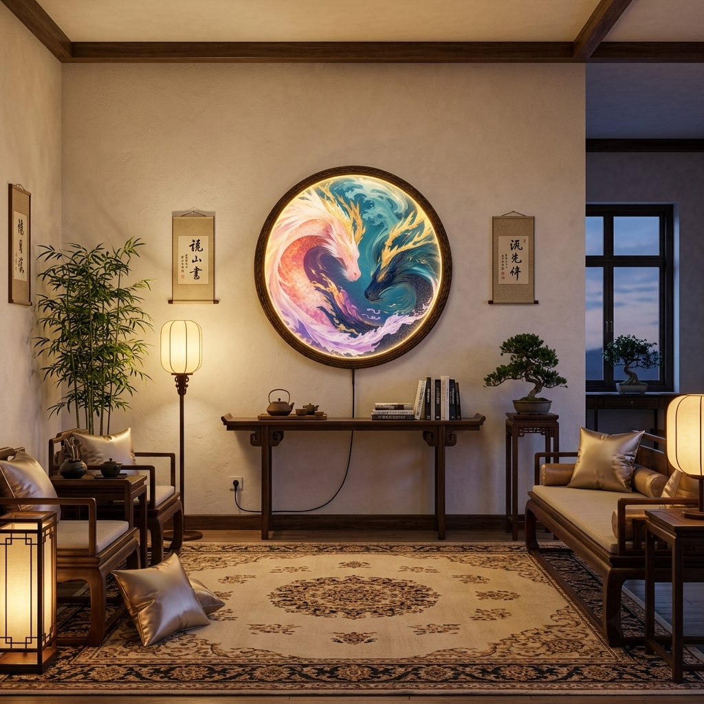 Illuminated Yin Yang Dragon Fish Wall Art, Round LED Wall Lamp, Asian-Inspired Home Decor