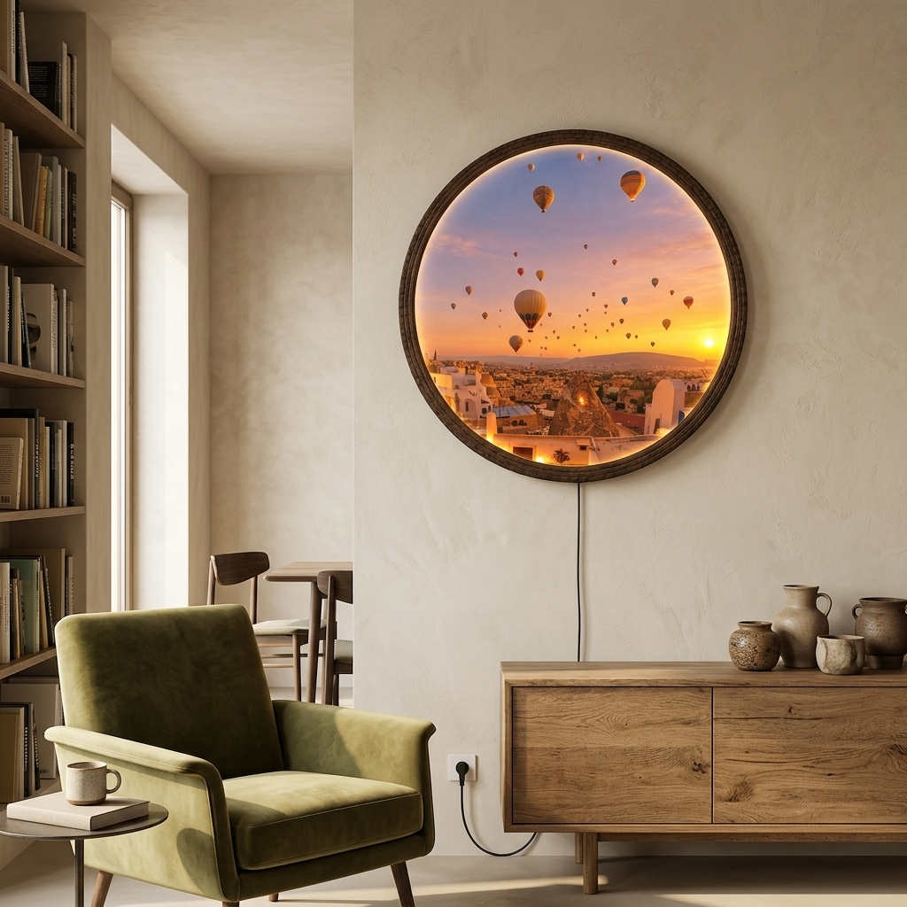 Hot Air Balloon Sunset LED Wall Art – Round Illuminated Wall Decor