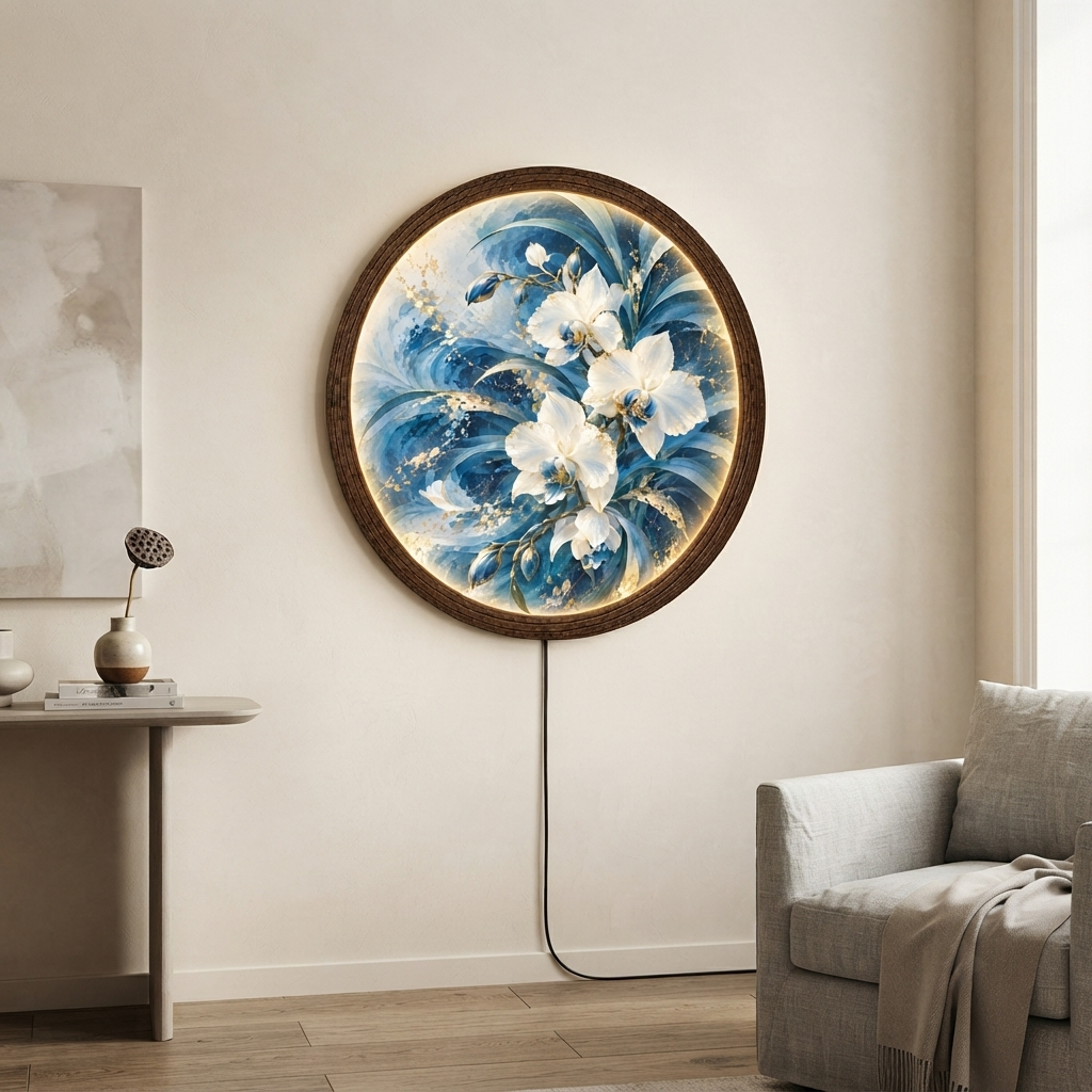 Blue Gold Floral LED Wall Art – Round Illuminated Home Decor