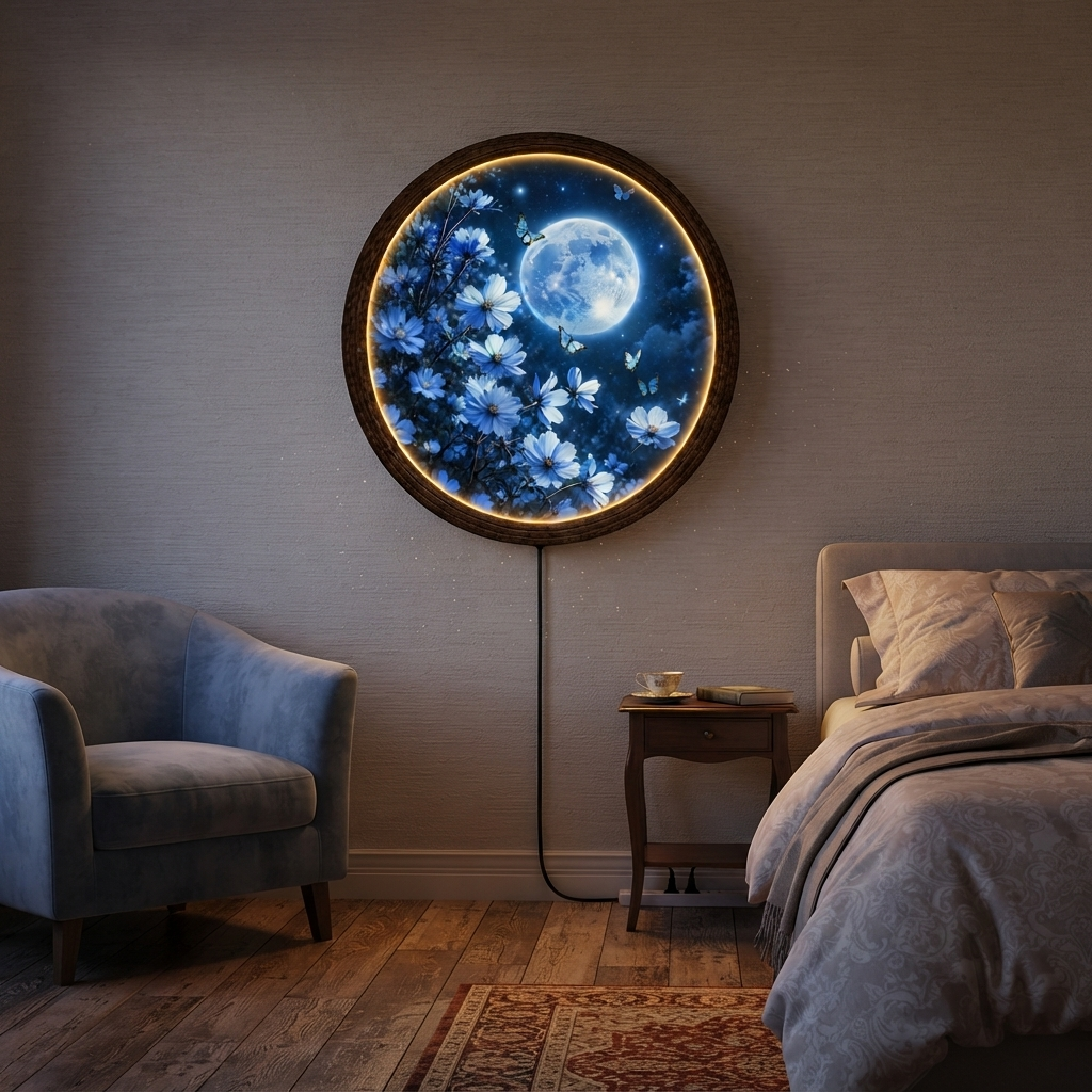 Moonlit Blue Butterfly Garden LED Wall Art – Round Illuminated Floral Wall Decor