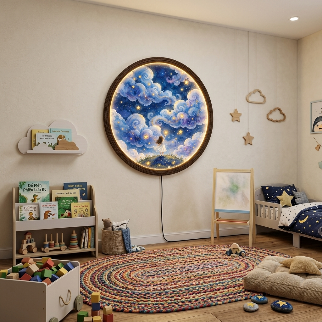 Glowing Starry Sky LED Wall Lamp, Round Celestial Wall Art with Wooden Frame, Dreamy Blue Cloud & Golden Star Home Decor