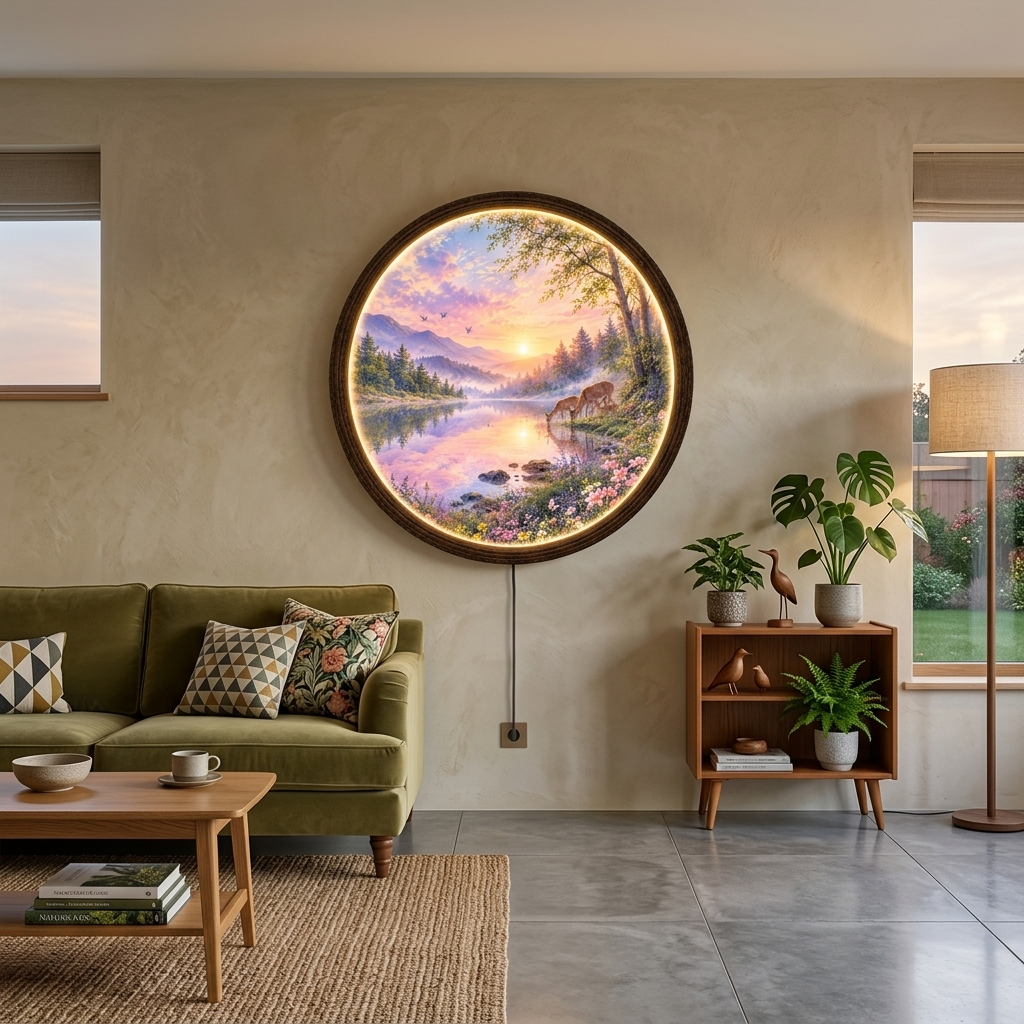 Illuminated Mountain Lake Wall Art – Rustic Nature LED Round Wall Decor