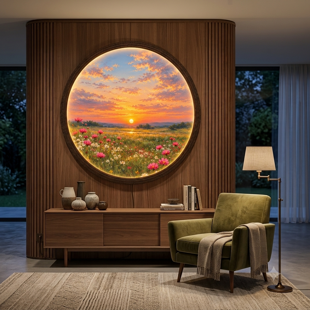 Sunset Wildflower Meadow LED Wall Art – Round Illuminated Floral Landscape Decor