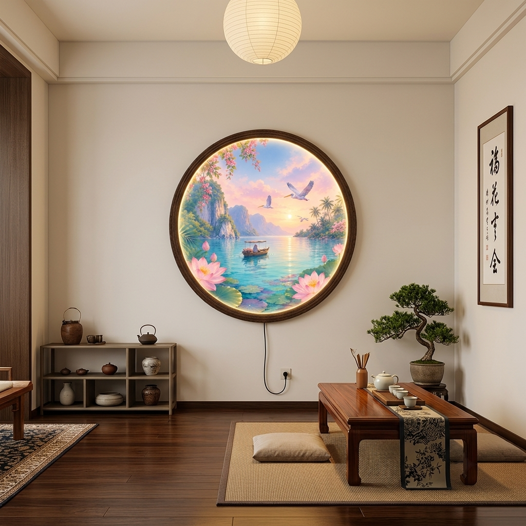 Round Tropical Lotus Lake LED Wall Art – Illuminated Nature Wall Decor