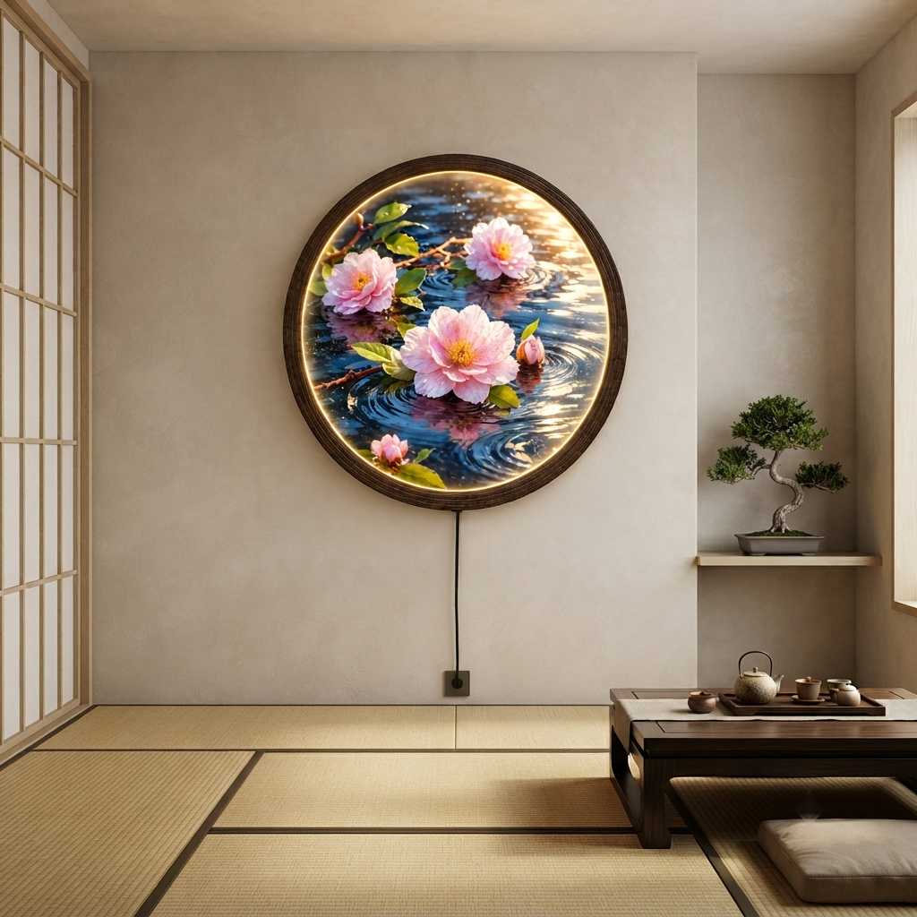 Illuminated Lotus Pond Wall Art – Round LED Wall Decor with Wooden Frame