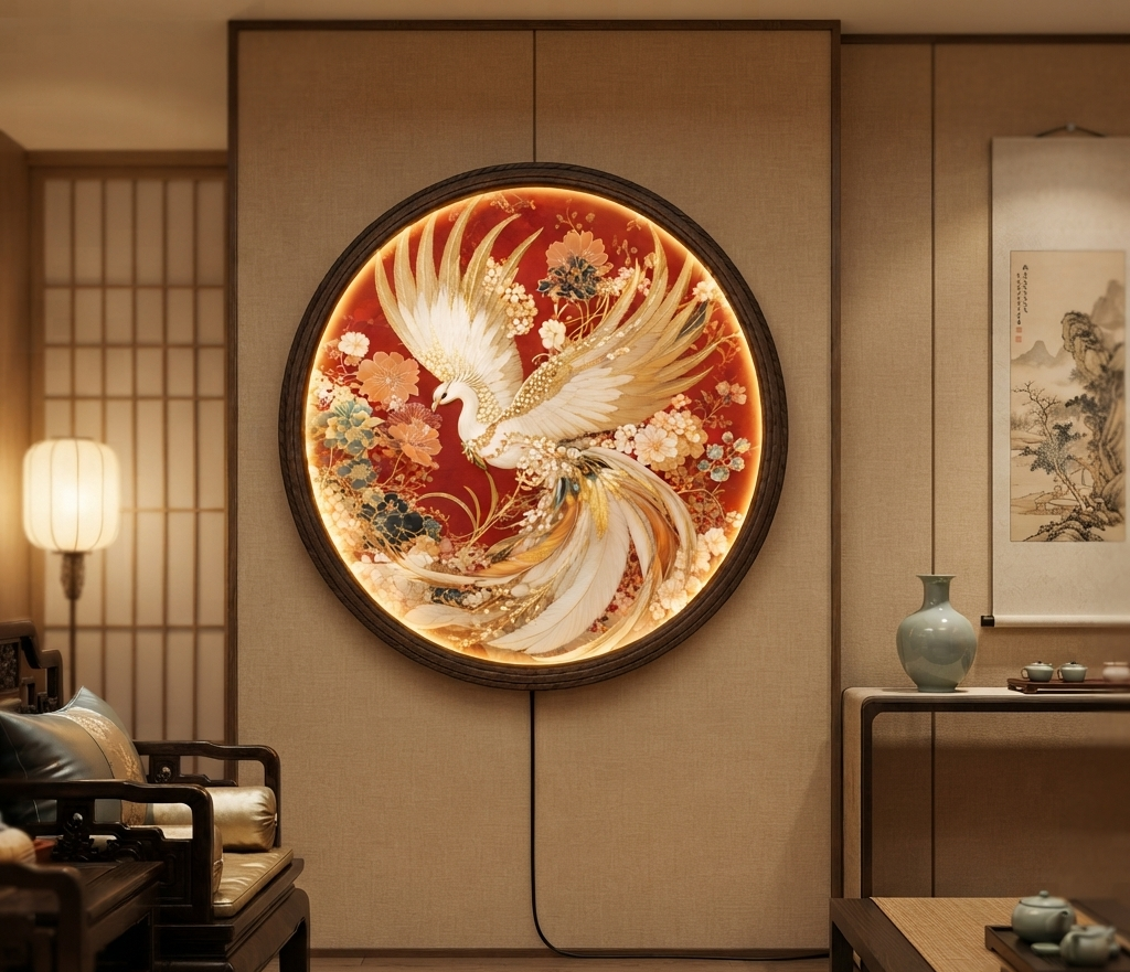 Round LED Phoenix Wall Lamp, Golden Bird Illuminated Wall Art, Oriental Floral Home Decor
