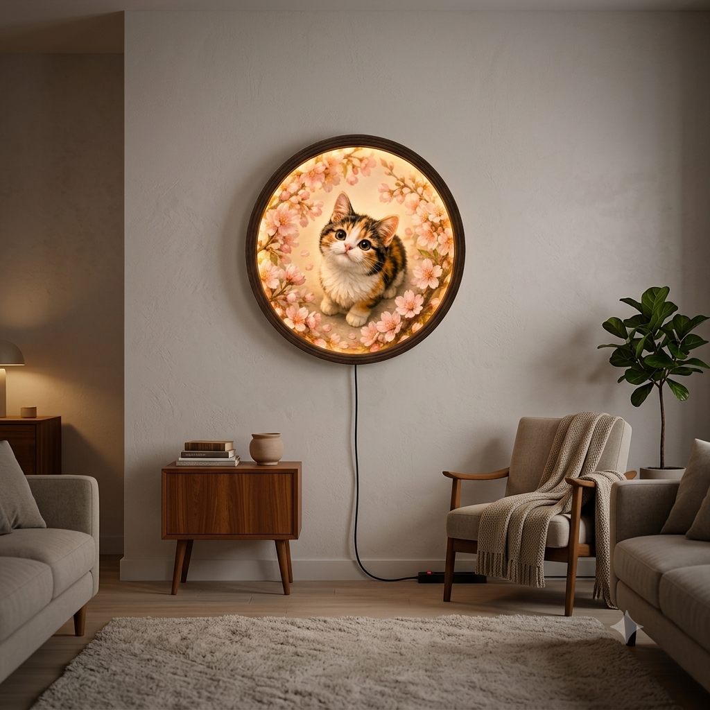 Cherry Blossom Kitten LED Wall Sconce – Illuminated Round Wooden Frame Cat Wall Art for Bedroom & Living Room Decor