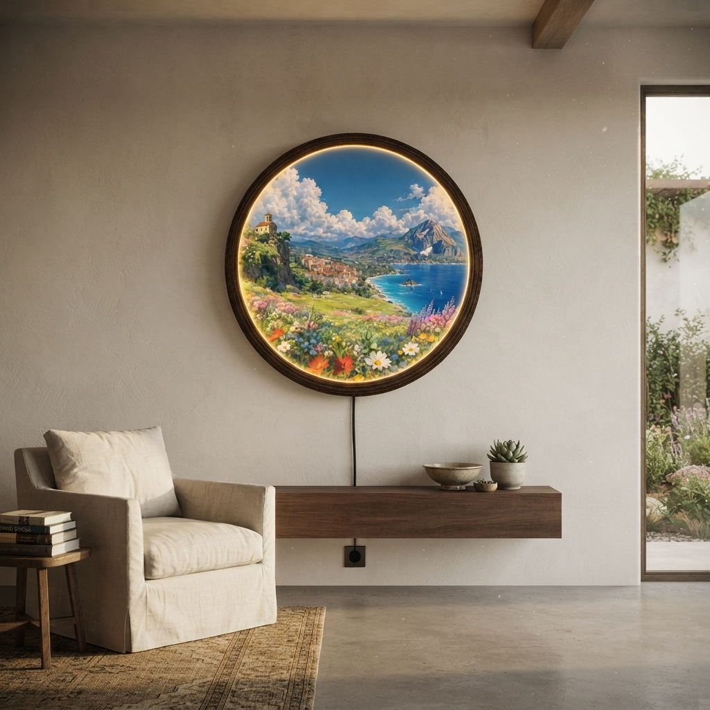 Coastal Village Illuminated Round Wall Art – LED Lighted Landscape Wall Decor