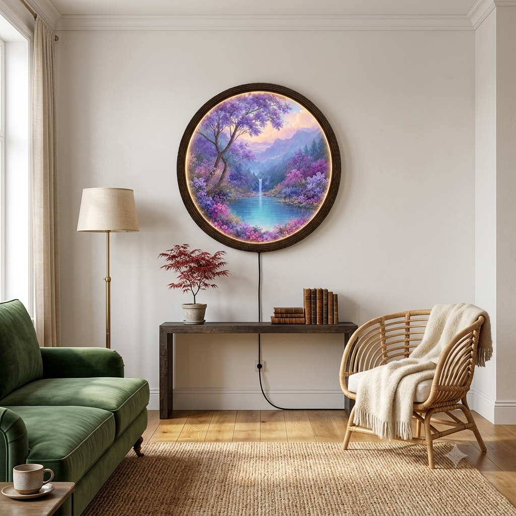 Enchanted Purple Blossom Mountain Lake LED Wall Art – Round Illuminated Wall Decor