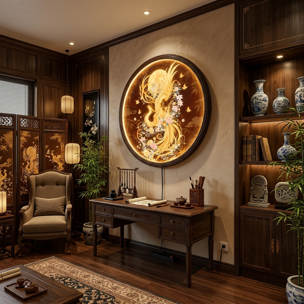Golden Phoenix Round LED Wall Art, Illuminated Wooden Frame Light for Luxury Home Decor