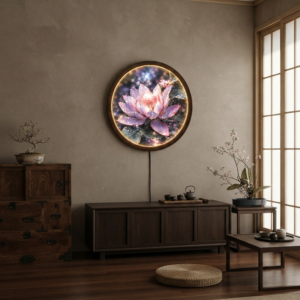 Lotus Flower LED Round Wall Art – Illuminated Floral Wall Decor