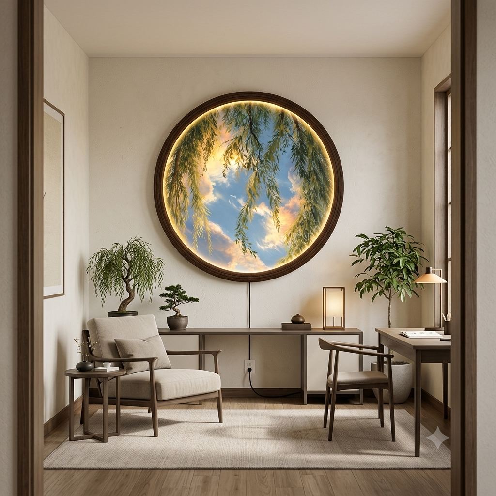 Circular Willow Tree Sky Scenic Canvas with Warm LED Light - Round Wooden Frame Wall Art for Living Room Bedside