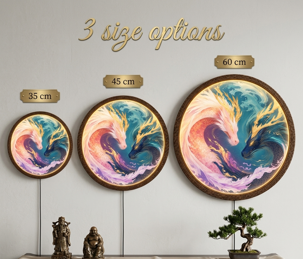 Illuminated Yin Yang Dragon Fish Wall Art, Round LED Wall Lamp, Asian-Inspired Home Decor