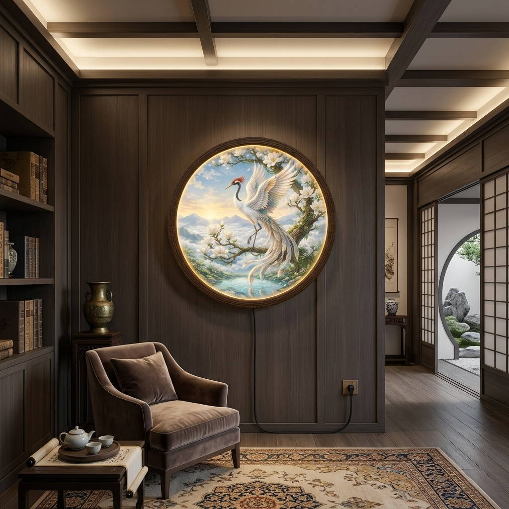 Round LED Crane Wall Art – Japanese-Inspired Floral Illuminated Wall Decor