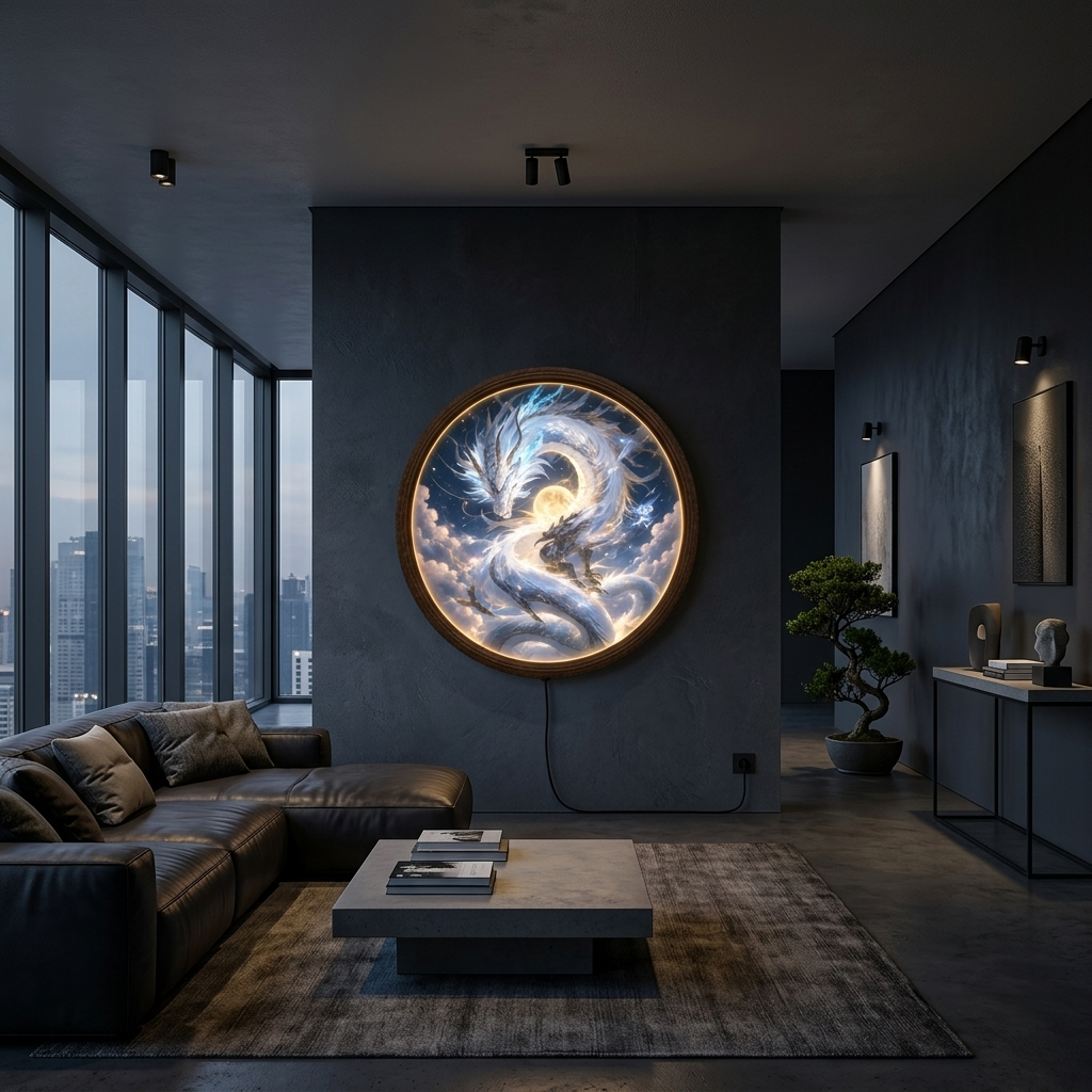 Illuminated Celestial Dragon Round LED Wall Art – Wooden Frame, Fantasy Home Decor