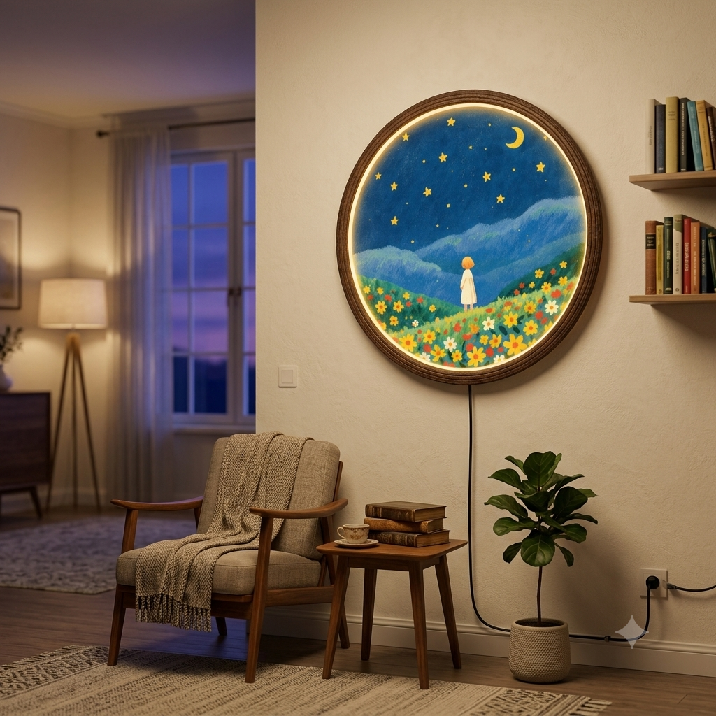 Whimsical Girl in Wildflower Meadow LED Wall Art – Round Illuminated Wall Decor