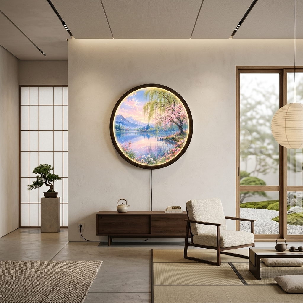 Round Cherry Blossom Lake LED Wall Art – Japanese Landscape Illuminated Wall Decor