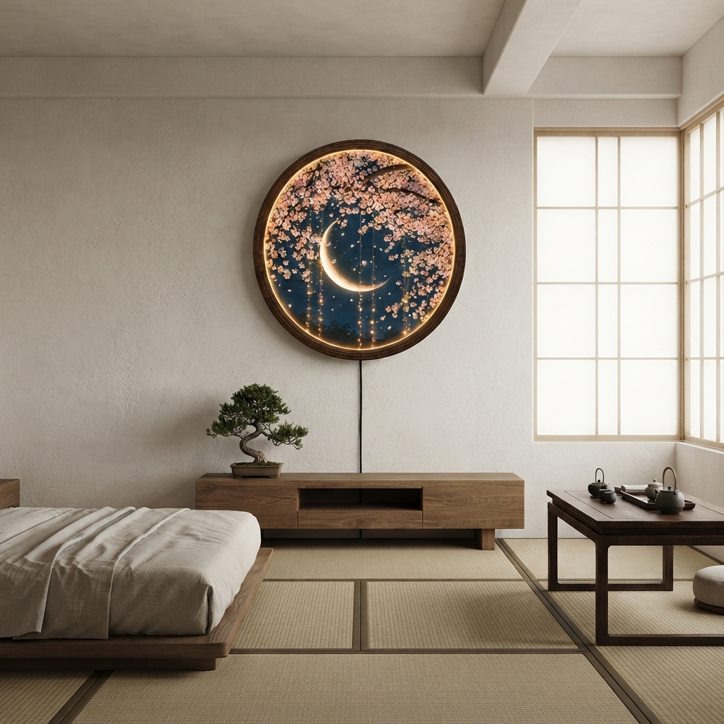 Illuminated Cherry Blossom Moon Wall Art – Round LED Lighted Wall Decor