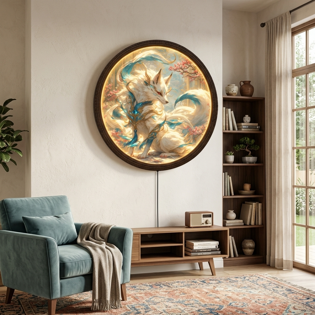 Mythical White Fox LED Wall Art – Illuminated Round Acrylic Light Painting Wall Decor