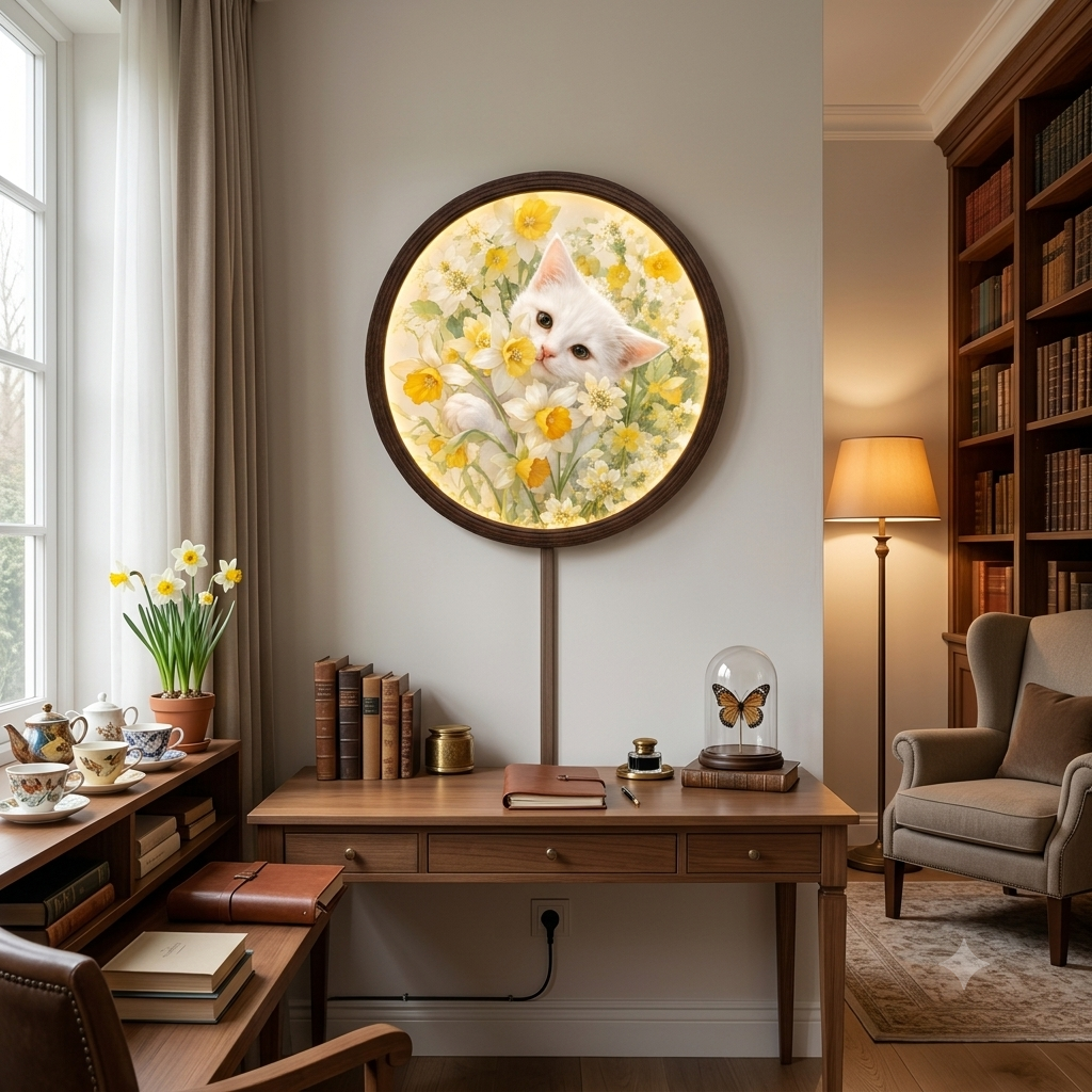 Floral Cat LED Wall Art – Round Illuminated Wall Decor, Cozy Home Accent