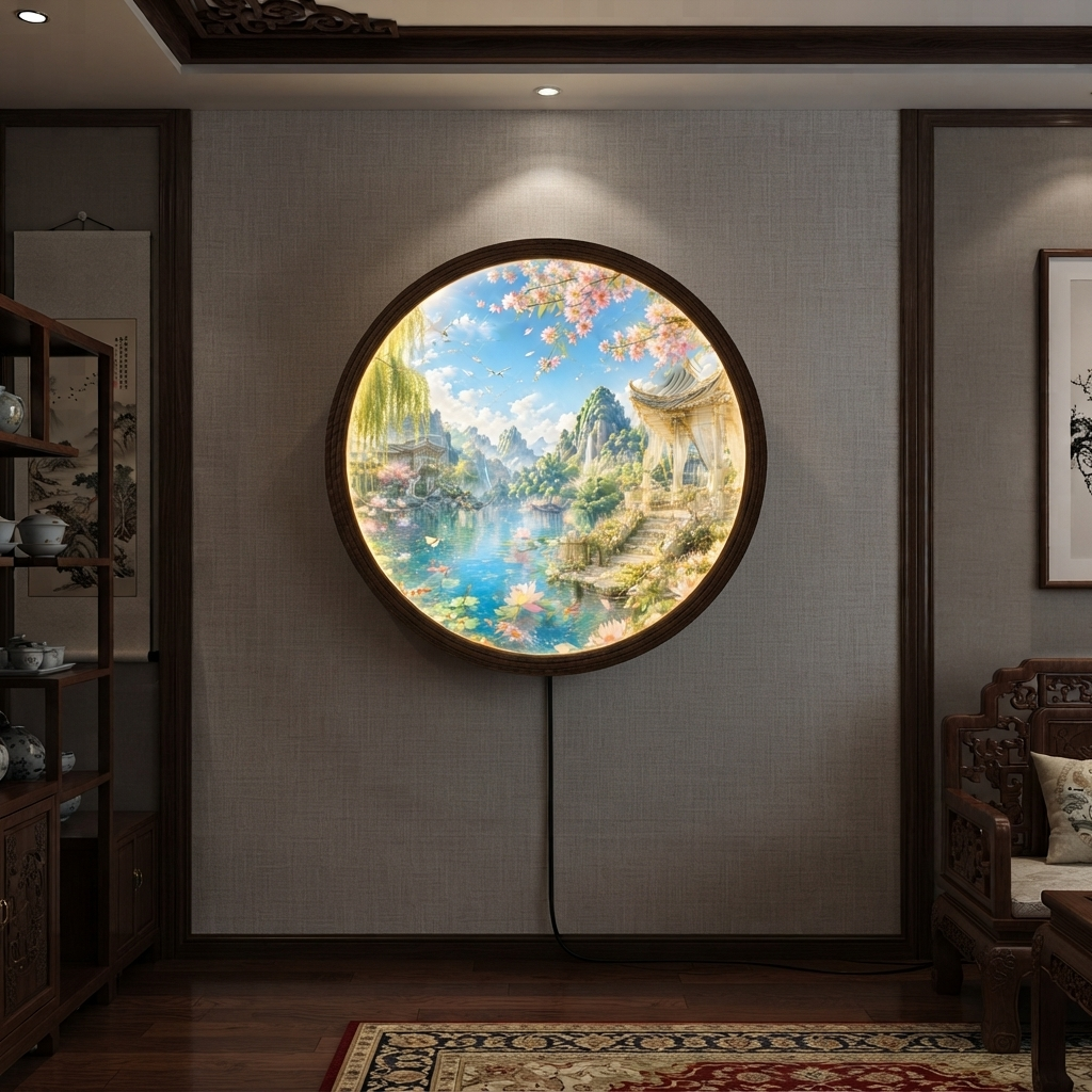 Japanese Garden LED Wall Art – Round Illuminated Landscape Wall Decor