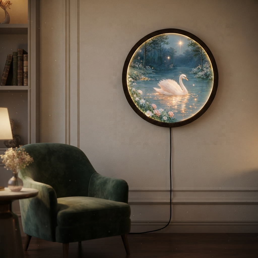 Swan Lake Illuminated Round Wall Art – LED Lighted Wall Decor